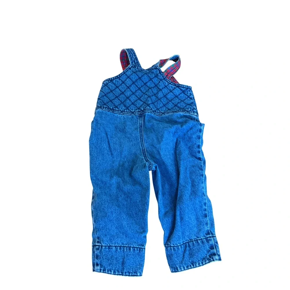 Gymboree Vintage Kids Blue Denim Quilted Overalls Plaid Lined Car Patch XS